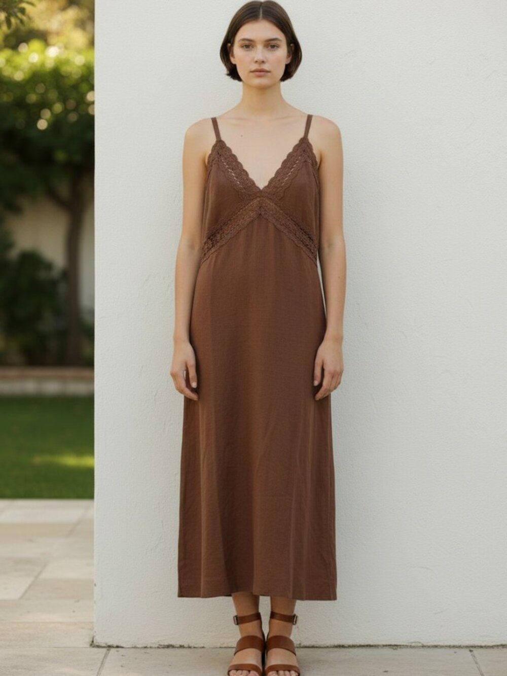 LOFT NWT Brown Linen Blend Crochet Lace V-Neck Maxi Midi Dress Size 10